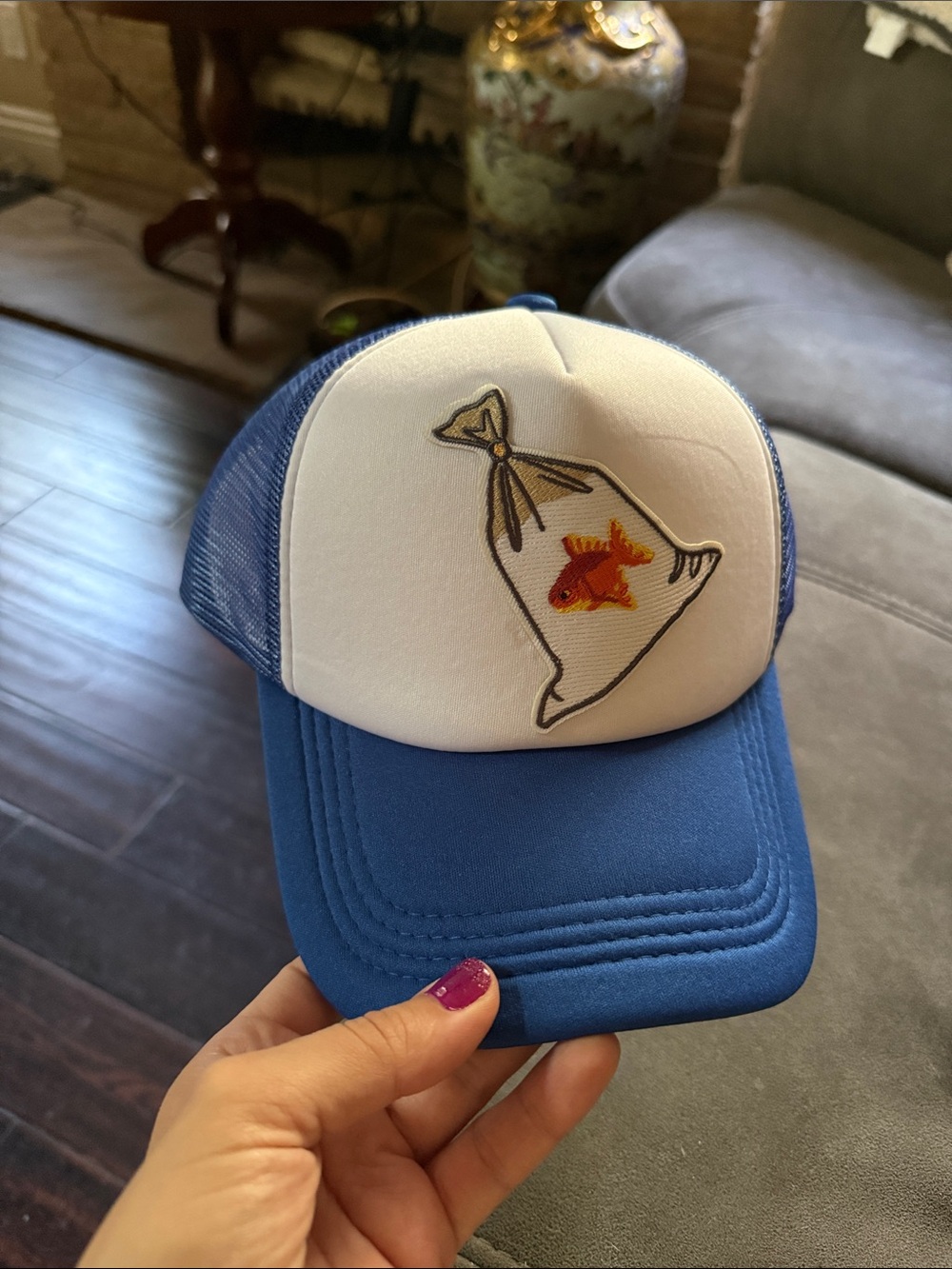 Blue and White Trucker Hat with Embroidered Goldfish